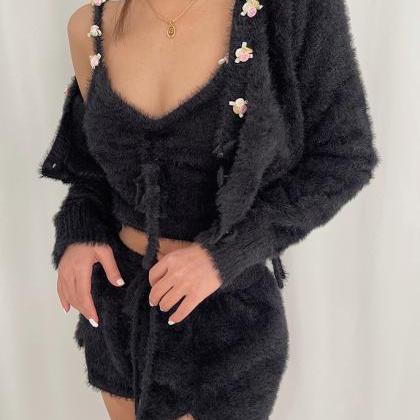 Sexy Black Mohair Knit Cardigan Sling Shorts Suit..