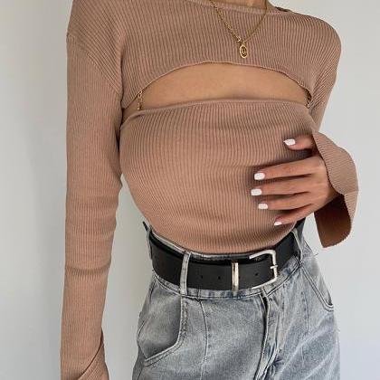 Two-piece Chain Suspender Long-sleeve Sweater Top