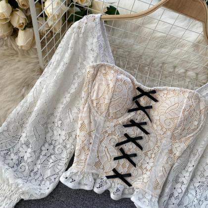 French Puff Sleeve Lace Cropped Top