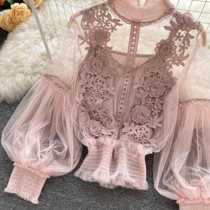 Sheer Lace Mesh Balloon Sleeve Cropped Top