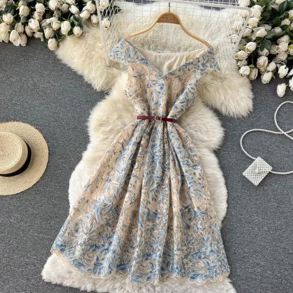 Embroidered Sleeveless V-neck A-line Vintage Dress