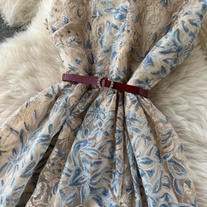 Embroidered Sleeveless V-neck A-line Vintage Dress