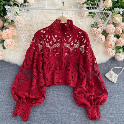 Lace Cutout Top Stand Collar Puff S..