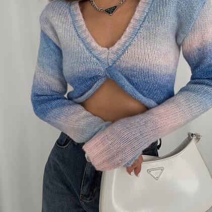 Sexy V-neck Rendered Sweater Crop Top