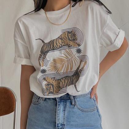 Double Tiger Leaf Print T-shirt White Short Sleeve..