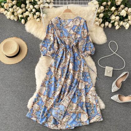 V-neck Tie Print French First Love Floral Dress