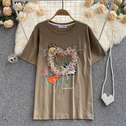Three-dimensional Floral Loose Printed T-shirt
