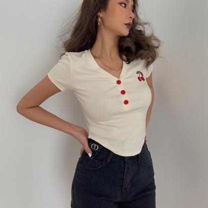 Cherry Embroidered V-neck Short Sleeve T-shirt