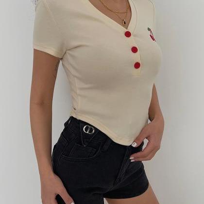 Cherry Embroidered V-neck Short Sleeve T-shirt