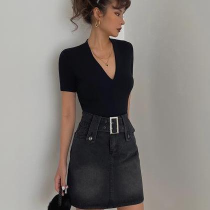 Retro Denim Skirt High Waist Skirt With Belt