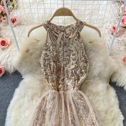 Mesh-paneled Halterneck Sequined Dress
