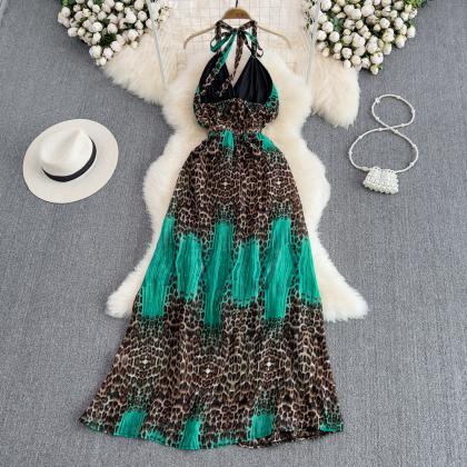 Leopard Print Sling Dress Sexy Haltered Backless..