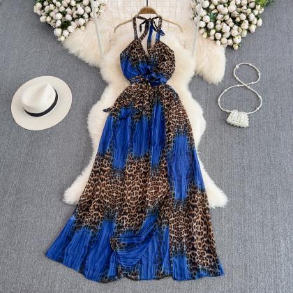 Leopard Print Sling Dress Sexy Haltered Backless..