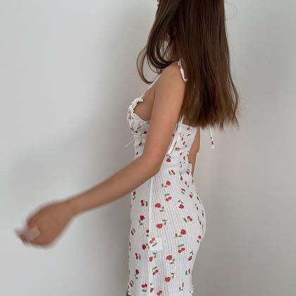 Rose-cherry Print Slip Bodycon Dress