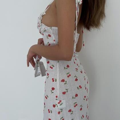 Rose-cherry Print Slip Bodycon Dress
