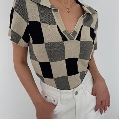 Sweet Cropped Polo Collar Plaid Knit Casual Crop..