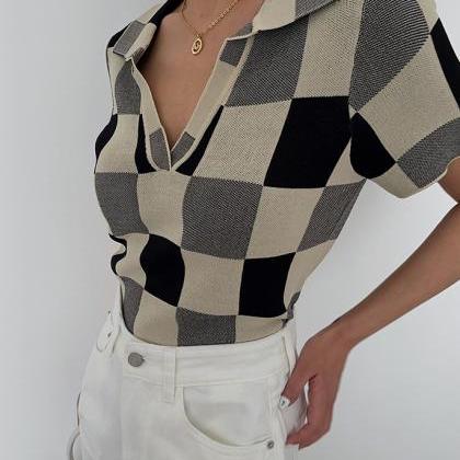 Sweet Cropped Polo Collar Plaid Knit Casual Crop..