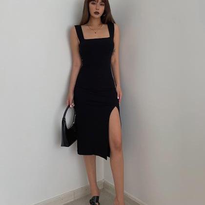 Black Square Neck Slit Sexy Bodycon Dress on Luulla