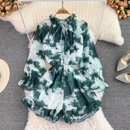Printed Long Sleeve Chiffon Rompers Jumpsuit