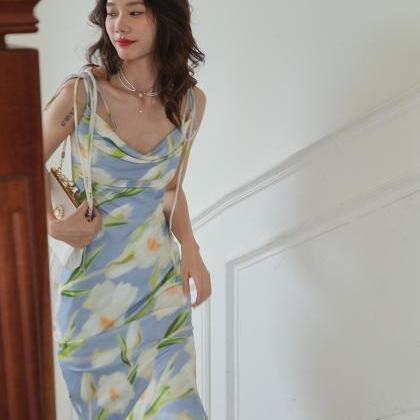 Sexy Pile Collar Floral Sling Dress