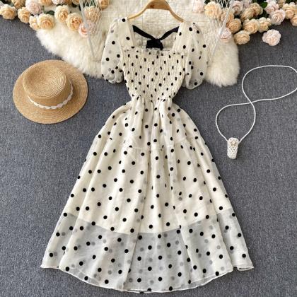 Vintage Square Neck Polka Dot Puff Sleeve Dress