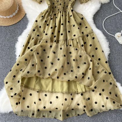 Vintage Square Neck Polka Dot Puff Sleeve Dress