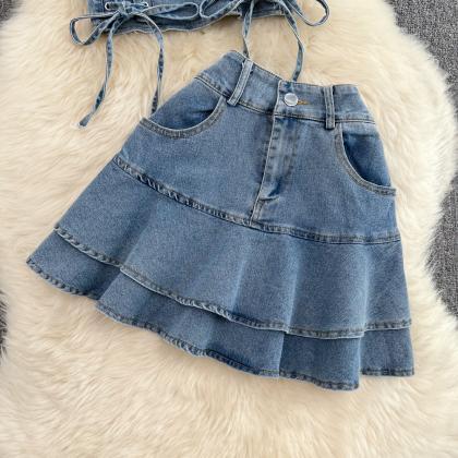 Backless Sleeveless Denim Sling Top Two Piece High..