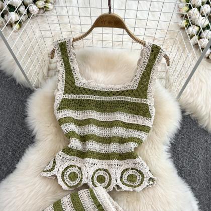 Vintage Crochet Hollow Camisole Two Piece High..