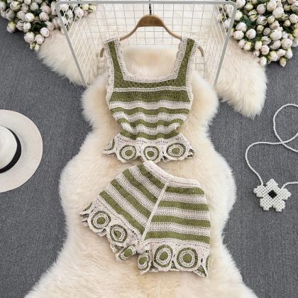 Vintage Crochet Hollow Camisole Two Piece High..