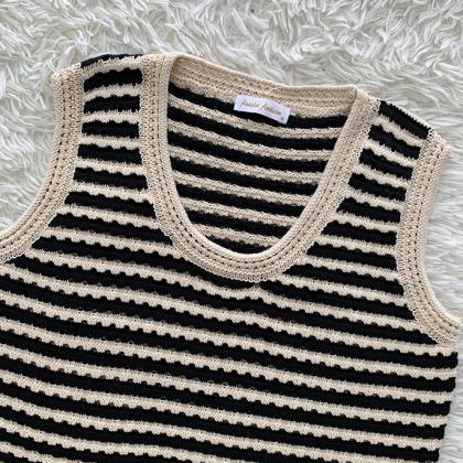 Black And White Striped Open Knit Tank Top Sling..