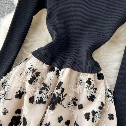 Premium Stitching Long-sleeved Knitted Dress Mesh..