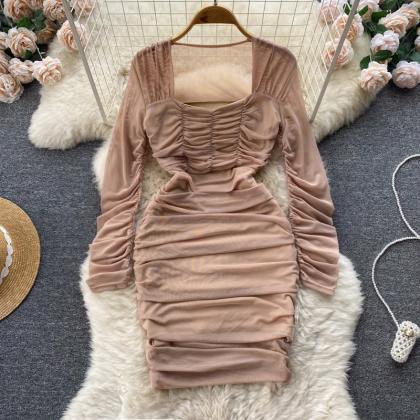 Square Neck Pleated Long Sleeve Bodycon Dress