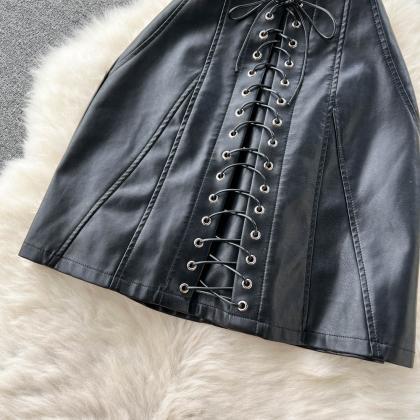 Girl High Waist Skirt Black Pu Leather Skirt Short..