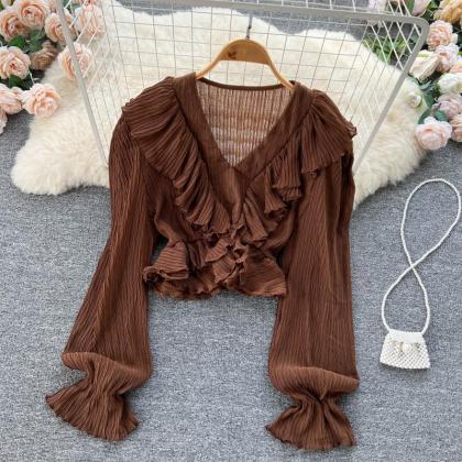 Niche ruffled V-neck shirt cropped ..