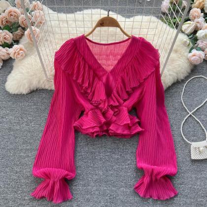 Niche ruffled V-neck shirt cropped ..
