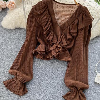 Niche ruffled V-neck shirt cropped ..