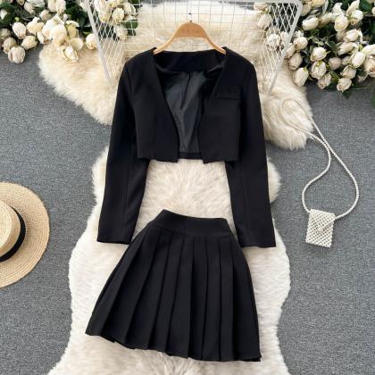 Preppy Two Piece Suit Long Sleeve Short Suit..