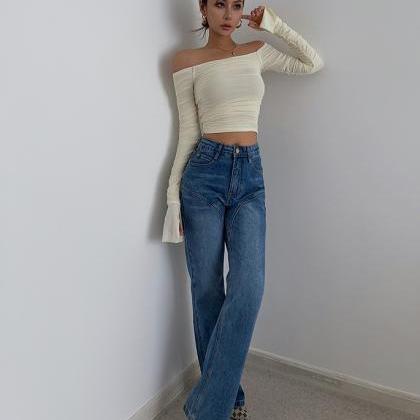 One-shoulder Mesh Long-sleeved T-shirt Cropped Top
