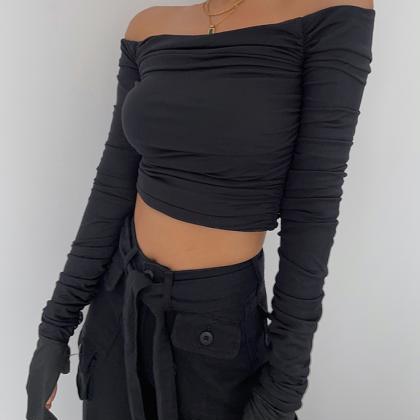 One-shoulder Mesh Long-sleeved T-shirt Cropped Top