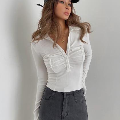 Homemade Polo Lapel Pleated Bottoming Shirt Outer..