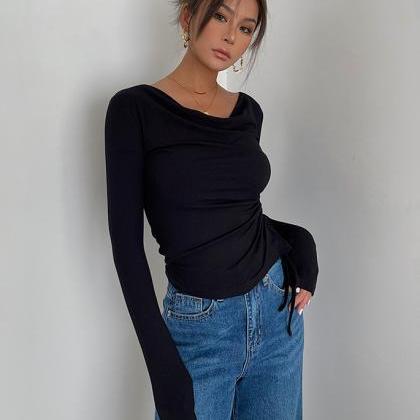 Off The Neck Side Drawstring Long Sleeve Base Top