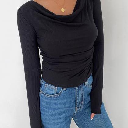 Off The Neck Side Drawstring Long Sleeve Base Top
