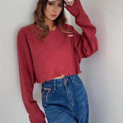 Vintage Ripped High-waisted Knit Sweater Spice..
