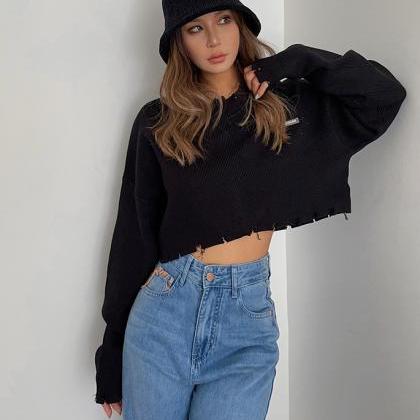 Vintage Ripped High-waisted Knit Sweater Spice..