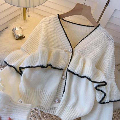 V-neck Single Breasted Ruffle Knit Sweater..