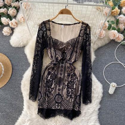 Long Sleeve Lace Dress With Square Neck