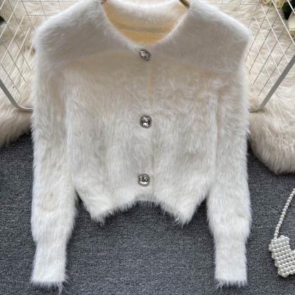 Plush Sweater Lapel Short Knit Cardigan