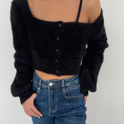 Homemade Furry Square Collar Knit Cardigan Short..