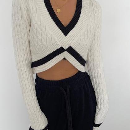 Ins Short Crop-neck Knit Sweater Spice Long..