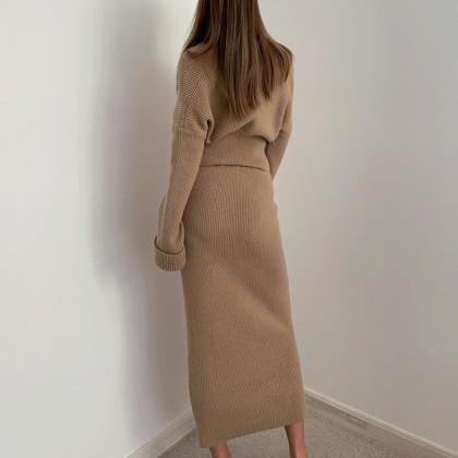 Two Pieces Outfits Sweater Dress Long Sleeve Knit..